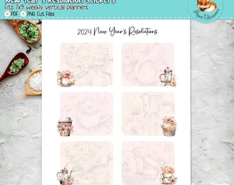 Naklejki do wydrukowania – planer noworocznych postanowień | Kawa i kwiaty | Erin Condren, Happy Planner, Plum Paper, Recollection | 7x9 | Plik do cięcia