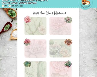 Naklejki do wydrukowania – planer noworocznych postanowień | Sukulenty | Erin Condren, Happy Planner, Plum Paper, Recollections | 7x9 | Pliki do wycinania