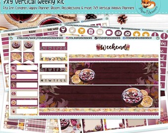 Zestaw naklejek do planera tygodniowego | Erin Condren, Happy Planner, Plum Paper, Bloom, Recollections | Zestaw naklejek tygodniowych w pionie 7x9 | Grzane wino