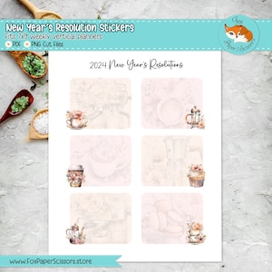 Pegatinas imprimibles del planificador de resoluciones de Año Nuevo / Café y flores / Erin Condren, Planificador feliz, Papel ciruela, Recuerdo / 7x9 / Archivo cortado
