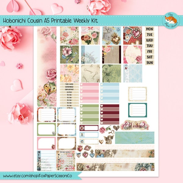 Printable Hobonichi Cousin Weekly Planner Stickers | Vintage Valentine Weekly Sticker Kit | Hobonichi Cousin A5 | Cricut Silhouette Cut File