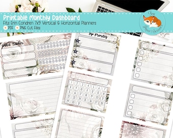 Erin Condren Printable Monthly Dashboard | Winter Rose | 7x9 Printable Planner Stickers | White Snow Floral | Cricut Silhouette Cut File