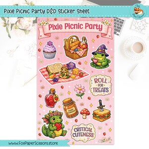 May include: A pink sticker sheet titled Pixie Picnic Party featuring D&D themed illustrations including a picnic basket, a frog in a wizard hat, a fairy on a checkered blanket, a potion bottle, a jar labelled Hunny Munster, a dragon, and text.