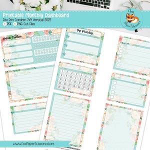 Puede incluir: Panel mensual imprimible con fondo turquesa y detalles florales. Incluye secciones para el seguimiento de hábitos, las principales prioridades, un calendario y listas de tareas. El texto dice "Printable Monthly Dashboard" y "Fits Erin Condren 7x9 Vertical 2022".