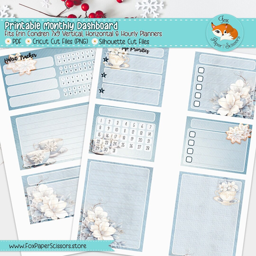 Erin Condren Printable Monthly Dashboard | Winter Blossoms &amp; Tea | 7x9 ...