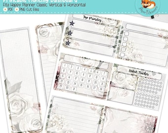 Happy Planner – miesięczny panel do druku | Winter Rose | HP Classic 7x9 – układ pionowy i poziomy | Naklejki do planera do druku | Pliki do cięcia