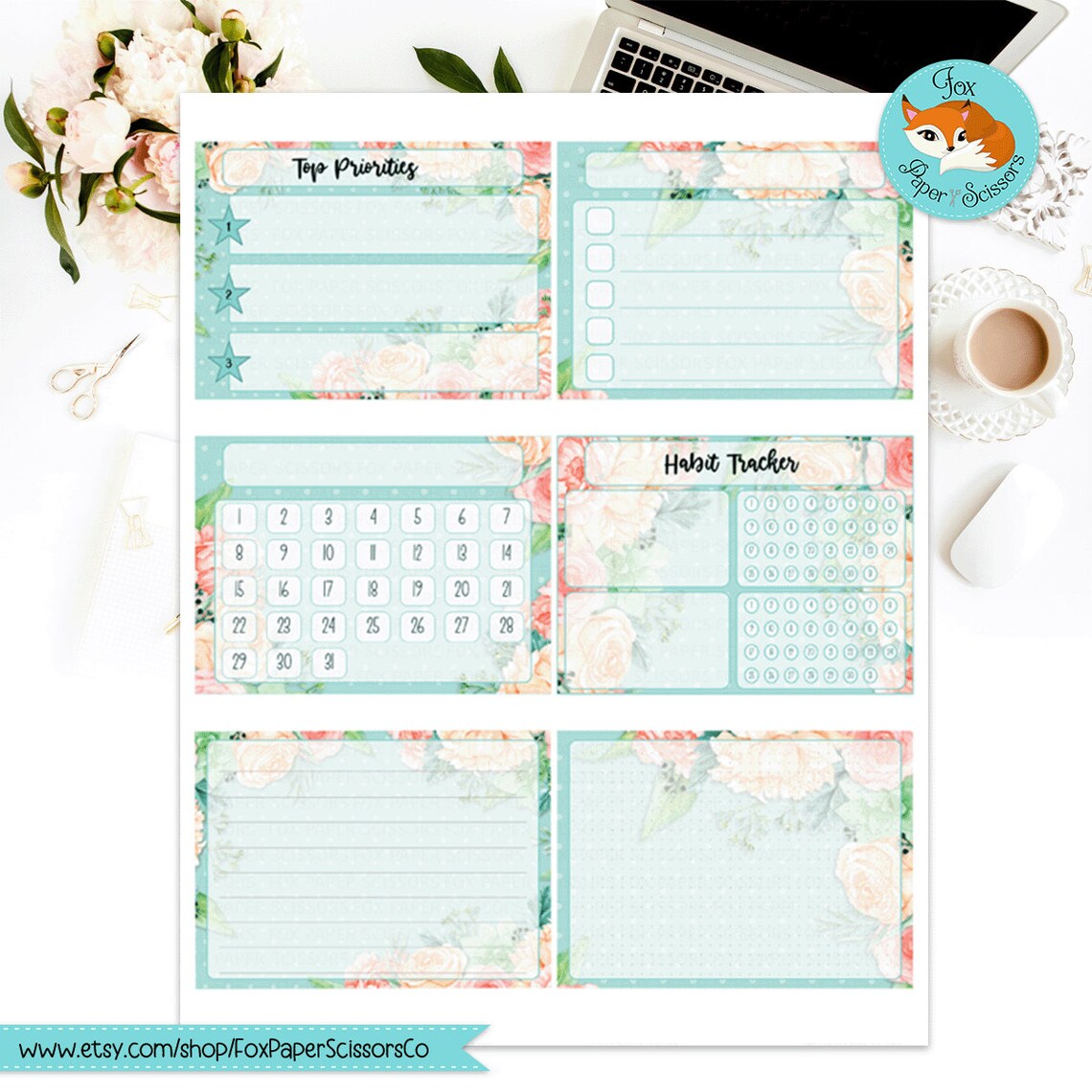 Happy Planner Printable Monthly Dashboard Aqua Flowers HP Classic 7x9 ...