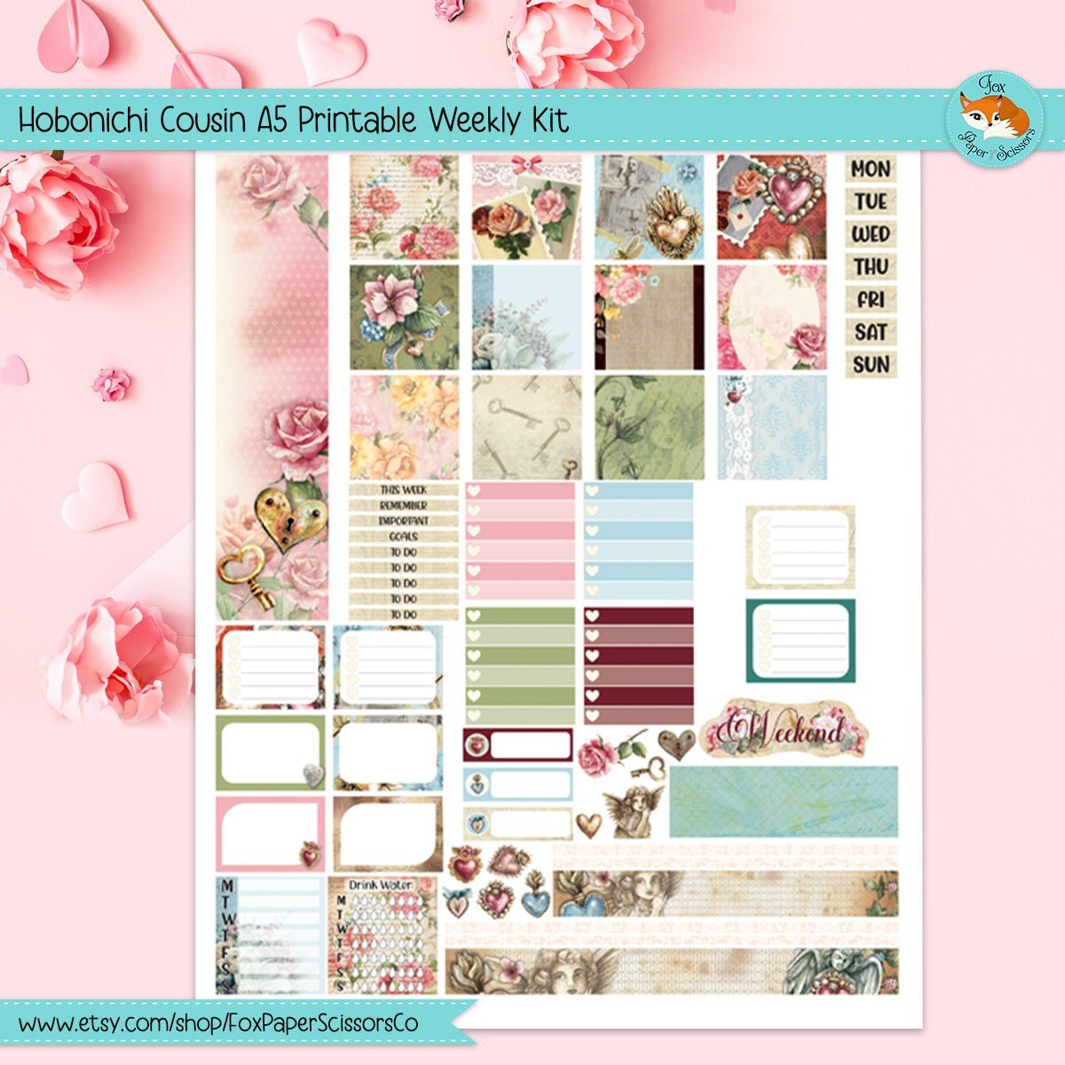 Printable Hobonichi Cousin Weekly Planner Stickers | Vintage Valentine ...