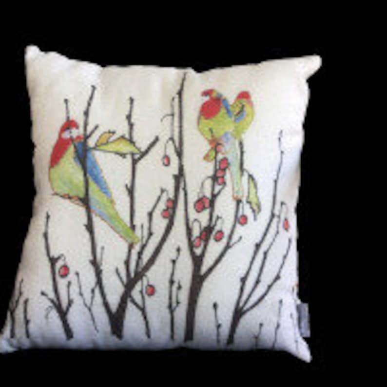 100/% Linen. Cushion cover 35cm Eastern Rosellas in Conker Trees on natural linen background