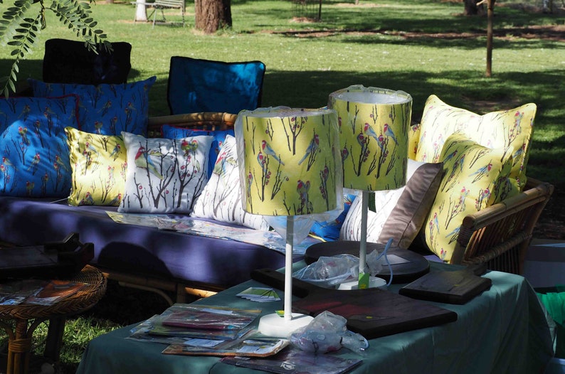 100/% Linen. Cushion cover 35cm Eastern Rosellas in Conker Trees on natural linen background