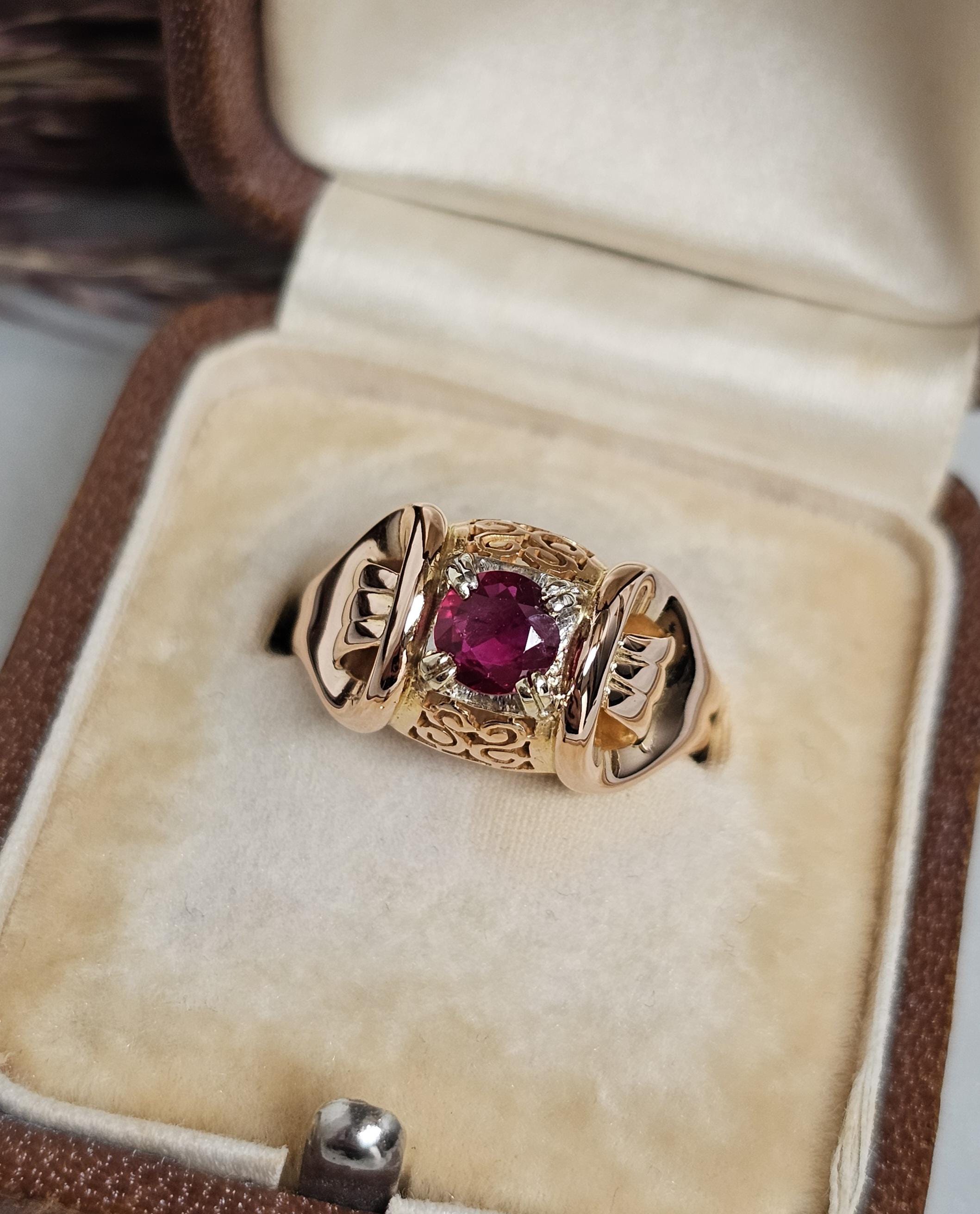 Bague Vintage En Or 14K Années 40 - Rubis Synthétique Rose Ovale - Taille ITA 14.5 / US 7 - Occasion