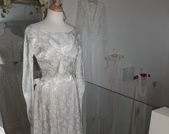 Original vintage 1950s boho ivory white floral satin festival beach rustic bridal wedding dress bridal gown UK10