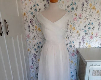 Beautiful Bardot off the shoulder ivory-white chiffon ethereal boho beach 50s wedding dress UK12