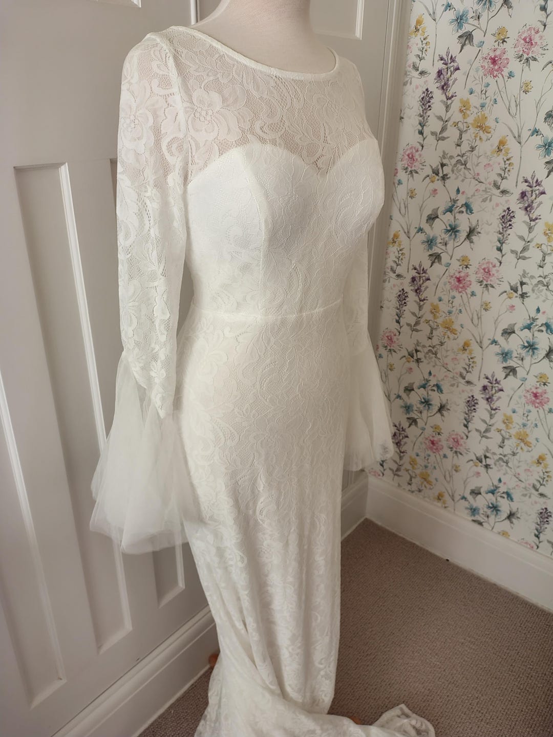 70s Style Boho Wedding Dress: Fluted Sleeve Lace Bridal Gown UK12 - Etsy