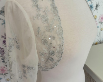 Vintage Style Beaded Bridal Bolero: 1920s Gatsby Silver Tulle Long Sleeve Bolero (UK12)