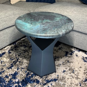 Epoxy Side Table - Tempest of Time - Granite Marble Small Round Table - Blue, Black, Green - Modern Accent Table - Matte Finish
