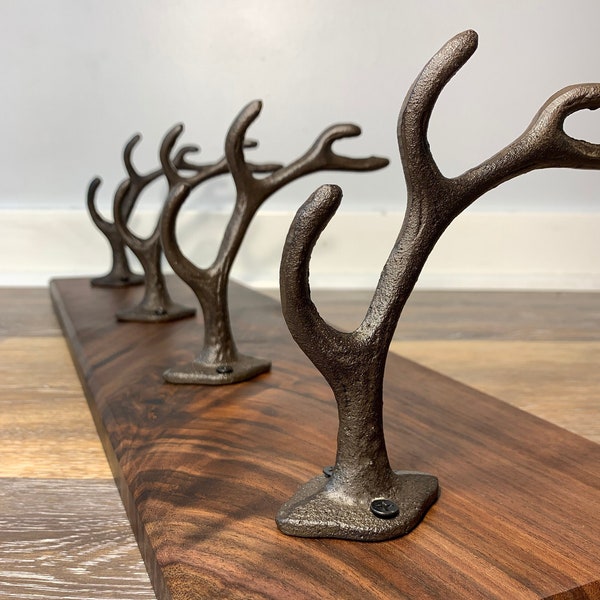 Antler Wall Rack – 4 or 6 Rustic Cast Iron Deer Antler Hooks on Black Walnut Wood – Coat Rack / Hat Rack / Wall Art / Key Hooks