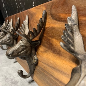 Moose Wall Rack - 4 Rustic Cast Iron Moose Antler Hooks on Figured Black Walnut Hardwood - Coat Rack / Hat Rack / Wall Art / Key Hooks