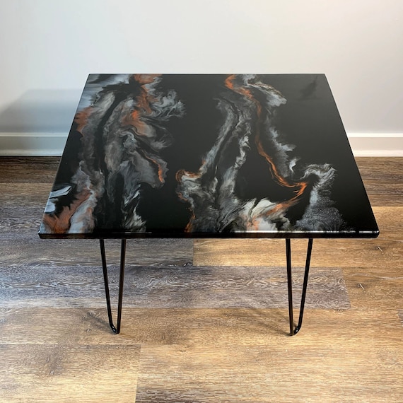 Epoxy Side Table - The Resistance - Granite Marble Small Rectangle Table - Black, Orange, Steel Gray - Modern Accent Table - Gloss Finish