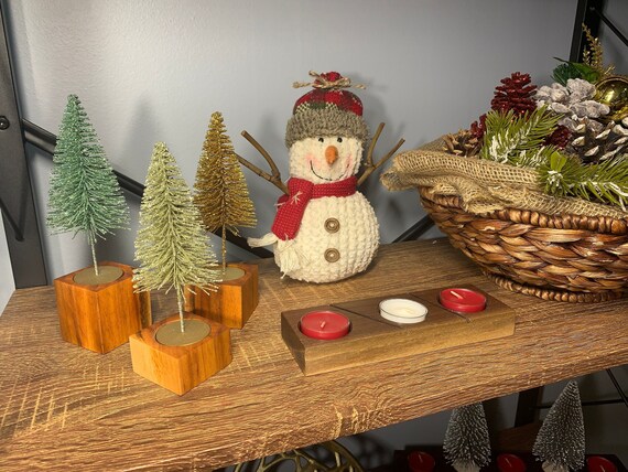 Set of 3 Wood Tea Light Candle Holders - Tigerwood Christmas Tree Holders - Decorative Hardwood Display Set - Goncalo Alves Rustic Decor