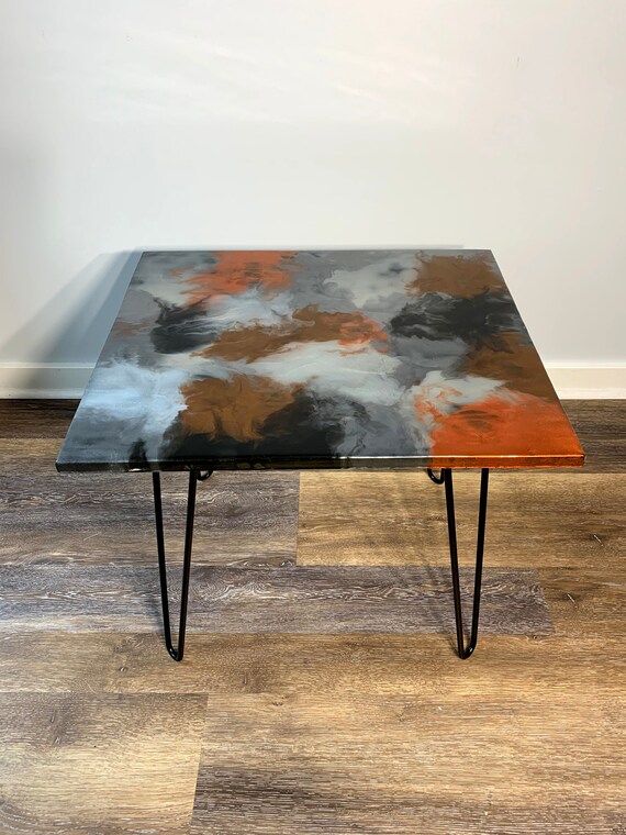 Epoxy Side Table - The Artist's Palate - Granite Marble Small Rectangle Table - Black, Orange, Gray - Modern Accent Table - Gloss Finish
