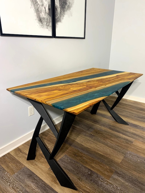 Epoxy River Table  – RARE Canarywood Blue Lagoon  – Turquoise/Green Epoxy - Natural, Modern, Matte Black, Powder Coated Steel Legs