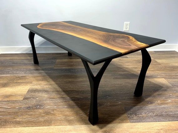 Black Walnut Live Edge River Coffee Table – Yin and Yang  – Black Epoxy – Natural, Modern, Elegant – Matte Black, Powder Coated Steel Legs
