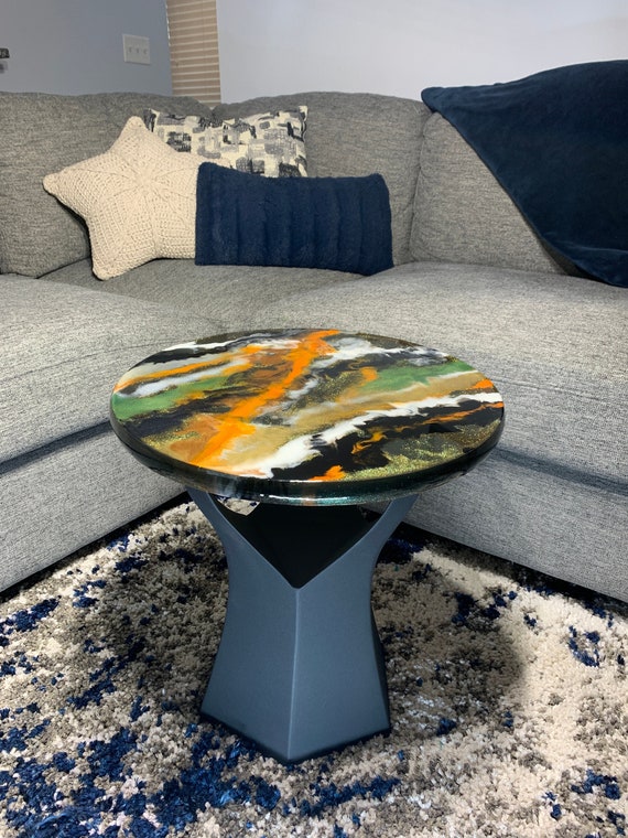 Epoxy Side Table - Jungle Cruise - Granite Marble Small Round Table - Green, Orange, Black, White - Modern Accent Table - Gloss Finish