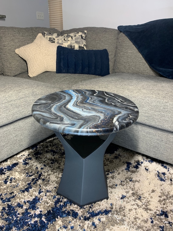 Epoxy Side Table - The Odyssey - Granite Marble Small Round Table - Blue, Grey, Black, White, Copper - Modern Accent Table - Matte Finish