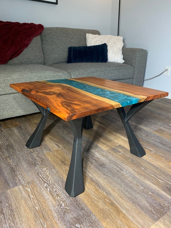 Goncalo Alves Live Edge Square River Coffee Table – Tropical Blue Epoxy – Natural, Modern, Elegant – Matte Black, Powder Coated Steel Legs