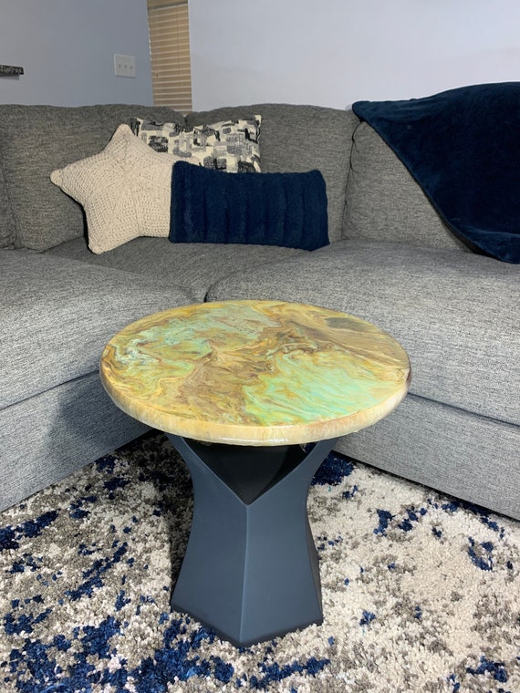 Epoxy Side Table - Hazy Lagoon - Granite Marble Small Round Table - Blue, Gold, Brown - Modern Accent Table - Gloss Finish