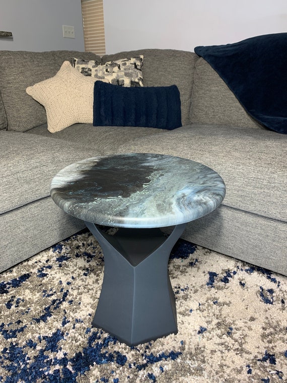 Epoxy Side Table - Romulus and Remus - Granite Marble Small Round Table - Blue, Black, White, Gray - Modern Accent Table - Matte Finish