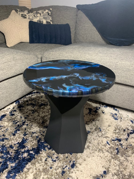 Epoxy Side Table - Sonic Chaos - Granite Marble Small Round Table - Black, Blue, Silver - Modern Accent Table - Gloss Finish