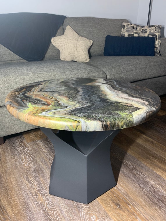 Epoxy Coffee/Side Table - Military Marble - Granite Marble Small Round Table - Black, White, Brown, Green - Modern Accent - Matte Finish