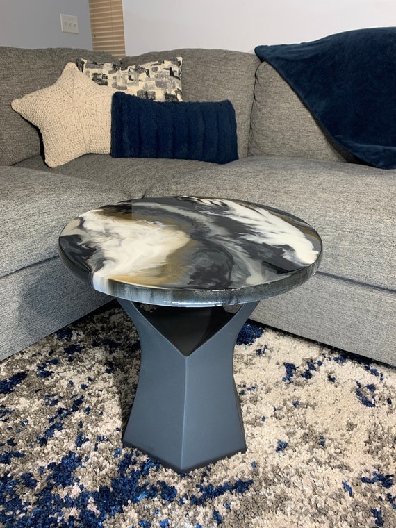 Epoxy Side Table - Love You A Latte - Granite Marble Small Round Table - Black, White, Beige, Gold - Modern Accent Table - Gloss Finish