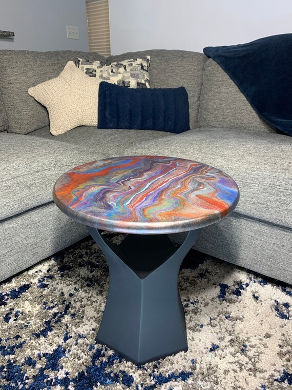 Epoxy Side Table - Prismatic Shard - Marble Granite Small Round Table - Red, White, Blue, Rainbow - Modern Accent Table - Matte Finish