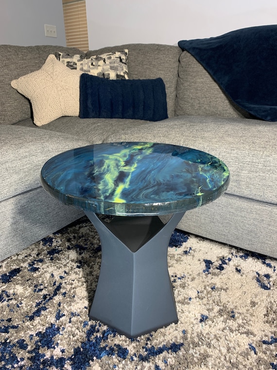 Epoxy Side Table - Finding Dory - Granite Marble Small Round Table - Blue, Yellow, Black - Modern Accent Table - Gloss Finish