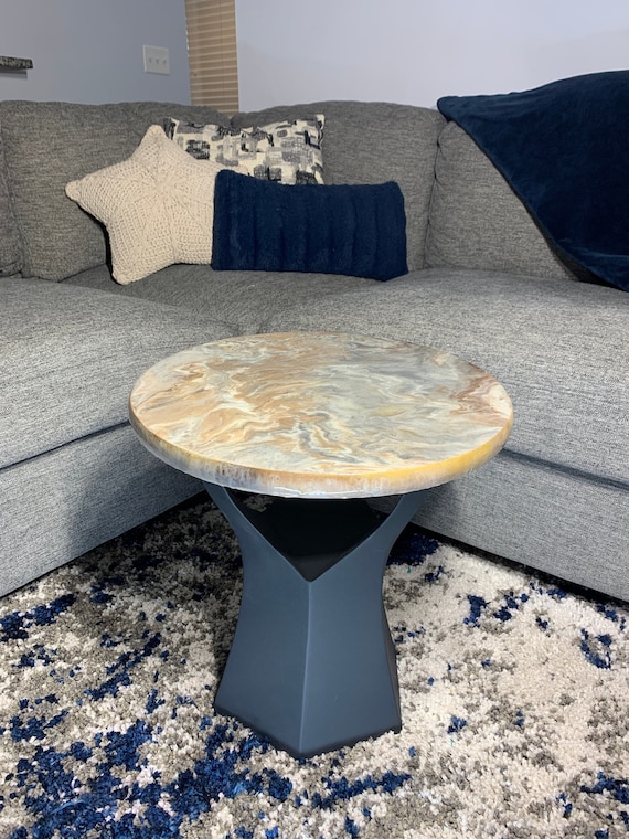 Epoxy Side Table - Chocolate Granite - Granite Marble Small Round Table - Gray, Brown, White - Modern Accent Table - Gloss Finish