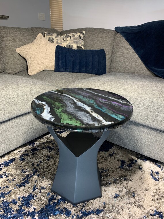 Epoxy Side Table - The Lightning Thief - Granite Marble Small Round Table - Blue, Green, Black, White - Modern Accent Table - Gloss Finish