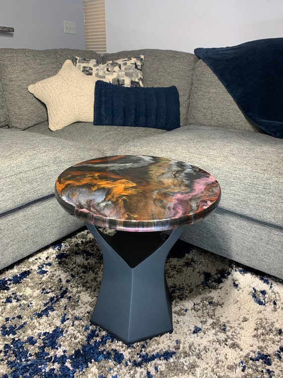 Epoxy Side Table - Cosmic Chaos - Granite Marble Small Round Table - White, Silver, Pink, Red, Copper - Modern Accent Table - Gloss Finish