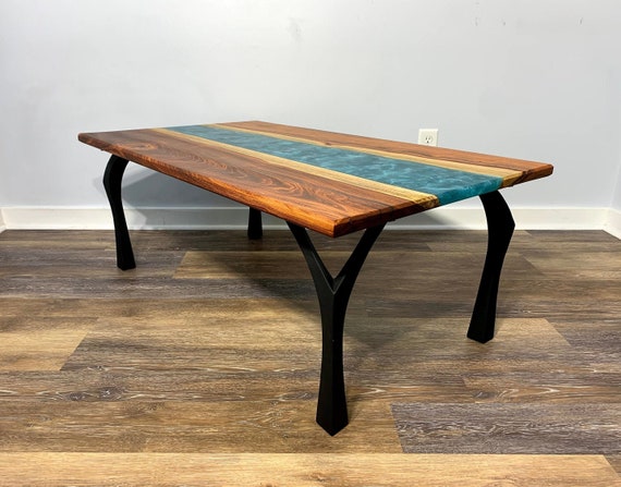 Goncalo Alves Live Edge River Coffee Table – Tropical Blue Epoxy – Natural, Modern, Elegant – Matte Black, Powder Coated Steel Legs