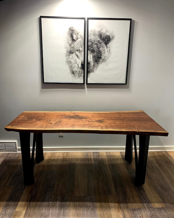 Black Walnut Live Edge Desk – Black Epoxy - Natural, Modern, Matte Black, Powder Coated Steel Legs