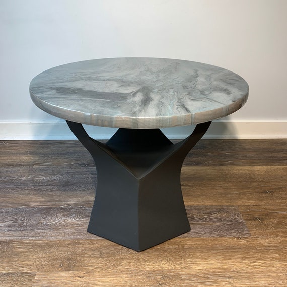 Epoxy Coffee/Side Table - Moon Series - The Frozen Moon - Granite Marble Small Round Table - Blue, Gray - Modern Accent Table - Gloss Finish