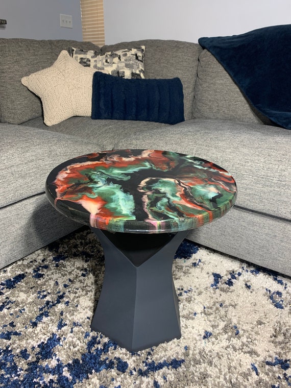Epoxy Side Table - The Lost Trail - Granite Marble Small Round Table - Red, Green, White Pearl, Black - Modern Accent Table - Gloss Finish