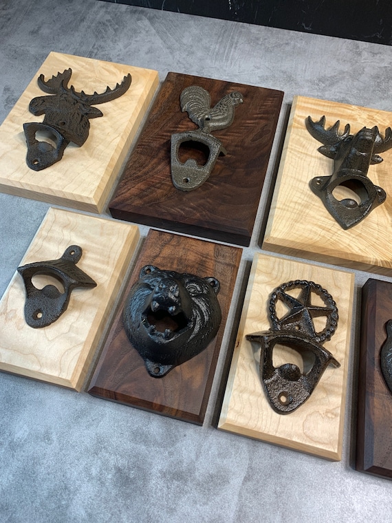 Rustic Bottle Opener - Wall Mounted - Beer Opener - Groomsmen Gifts - Housewarming - Bar Decor - Cast Iron Man Cave Decor - Luxury Hardwood