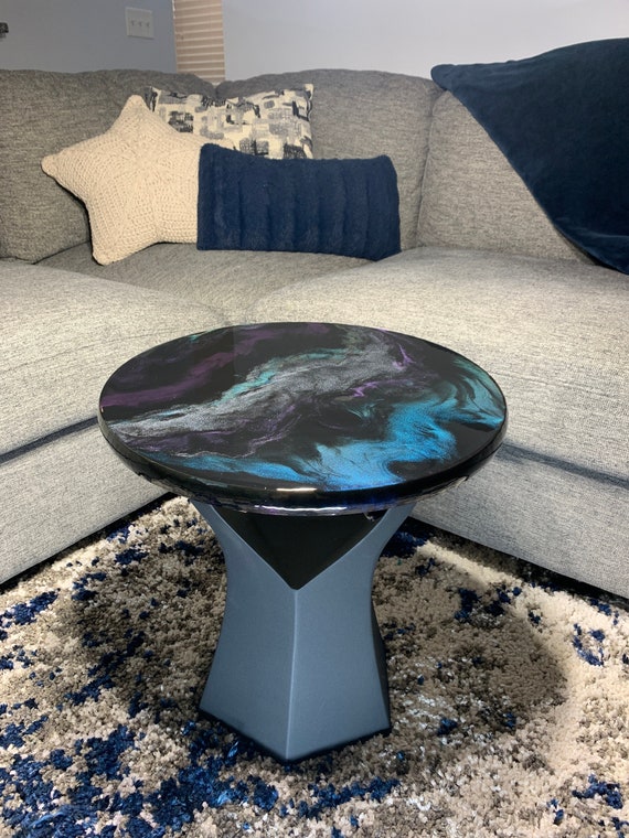 Epoxy Side Table - Excalibur - Granite Marble Small Round Table - Blue, Violet, Silver Chrome,  Black, - Modern Accent Table - Gloss Finish