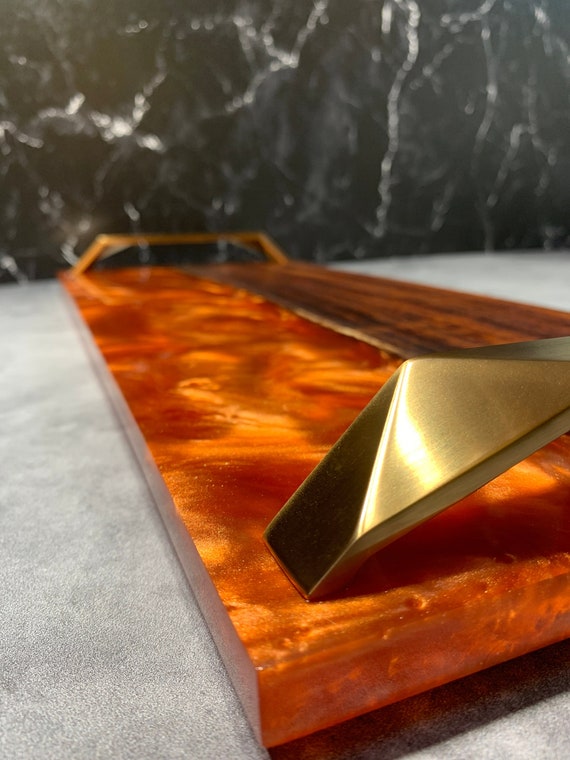 Live Edge Koa (Hawaiian Acacia) Serving Board/Charcuterie Board with Lava Epoxy and Geometric Gold Handles- Kawaikini