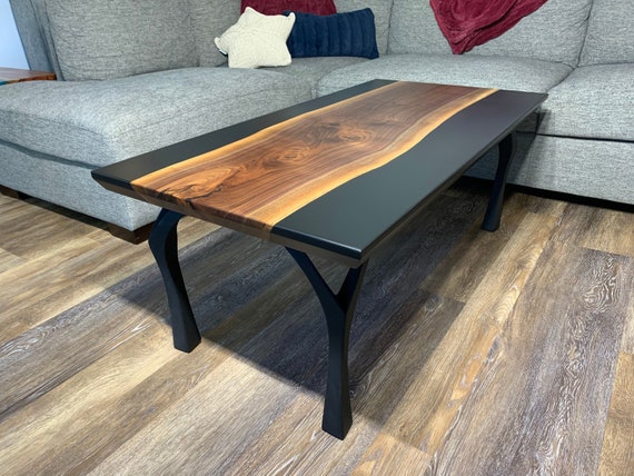 Black Walnut Live Edge River Coffee Table – The Solar Dimension – Black Epoxy – Natural, Modern, Elegant – Black Powder Coated Steel Legs
