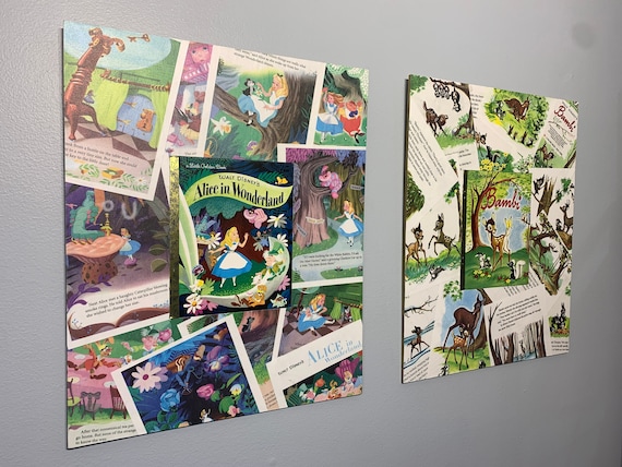 Disney Wall Art Decor - Modern Nursery Sign - Living Room Picture - Wood Epoxy Panel - Little Golden Book - Alice in Wonderland - Bambi