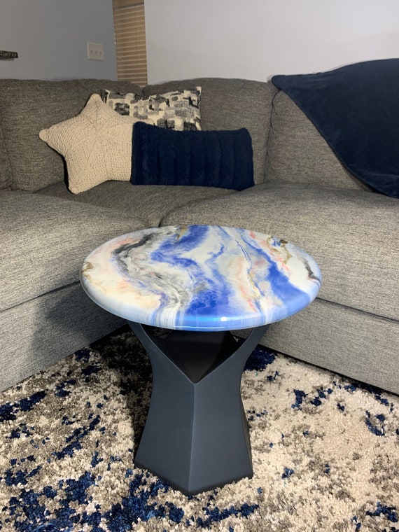 Epoxy Side Table - Champagne in the Sky - Granite Marble Small Round Table - Gold, White, Blue, Silver - Modern Accent Table - Gloss Finish